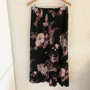 Vintage 90s Y2K Maxi Skirt Dark Floral Fairy Lettuce hem Black Pink Romantic 1X